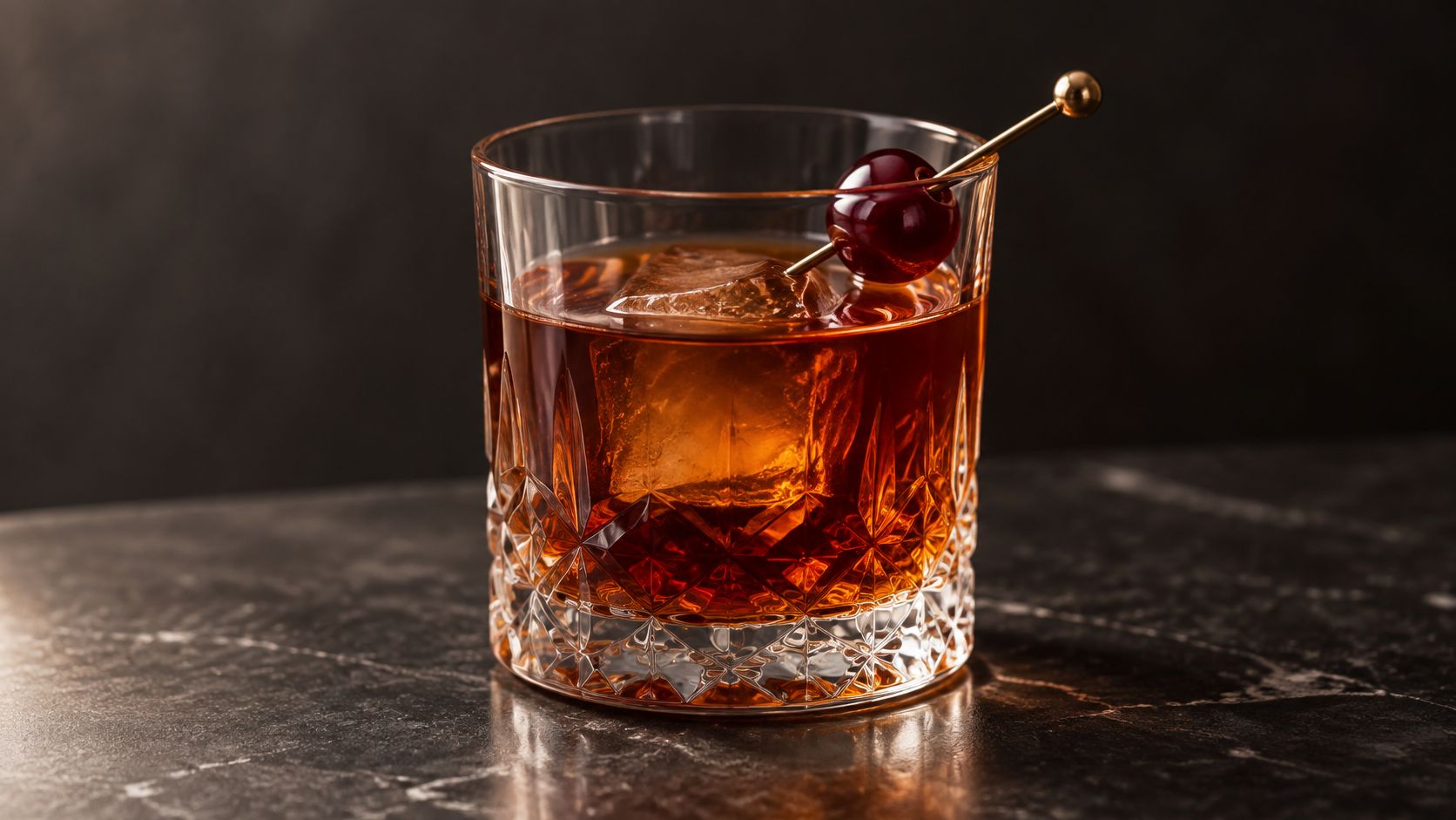 An amber cocktail with a large ice cube and dark cocktail cherry on a pick.