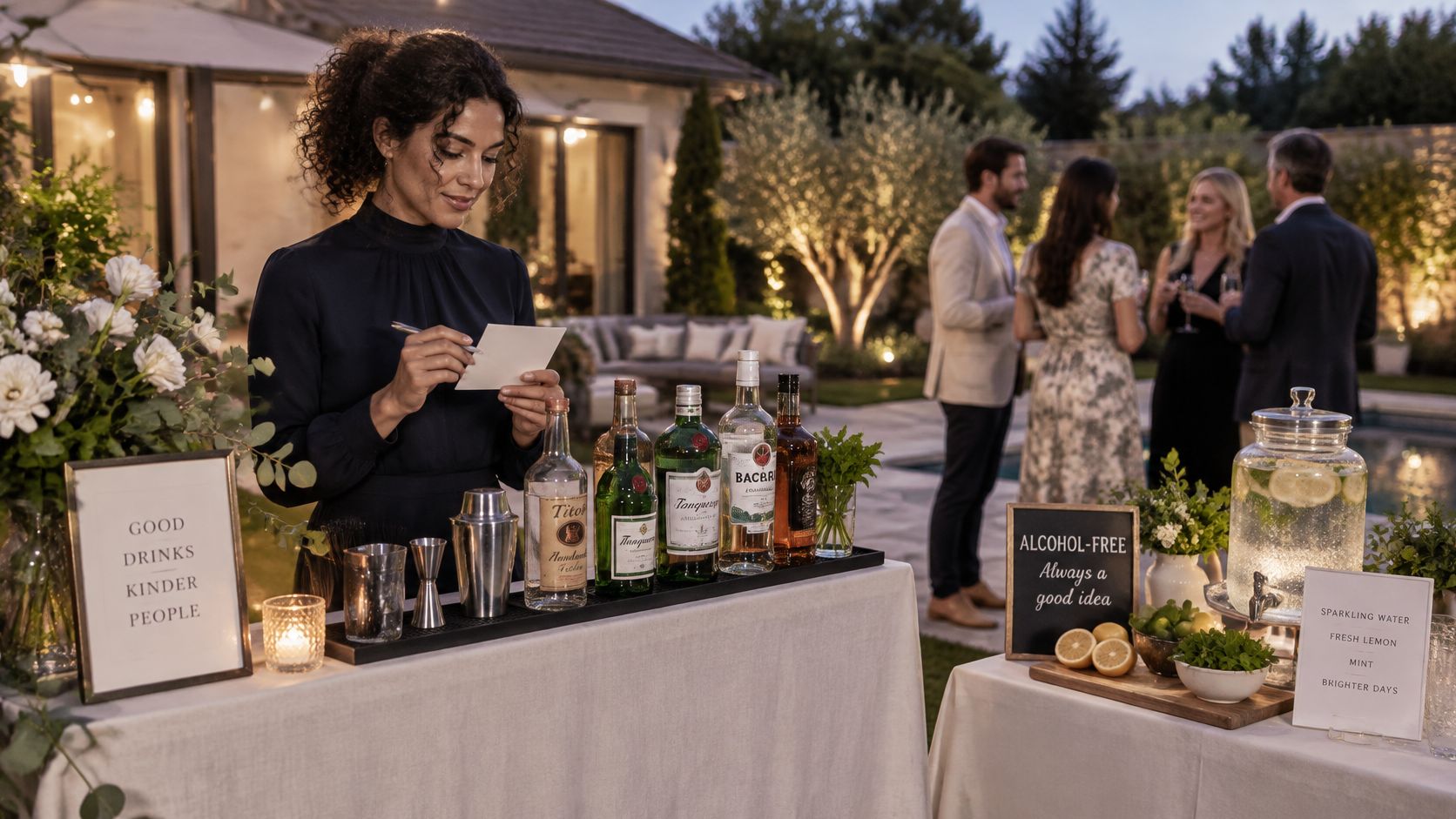 A woman bartender reviews a notepad at a backyard party bar beside a separate water station.