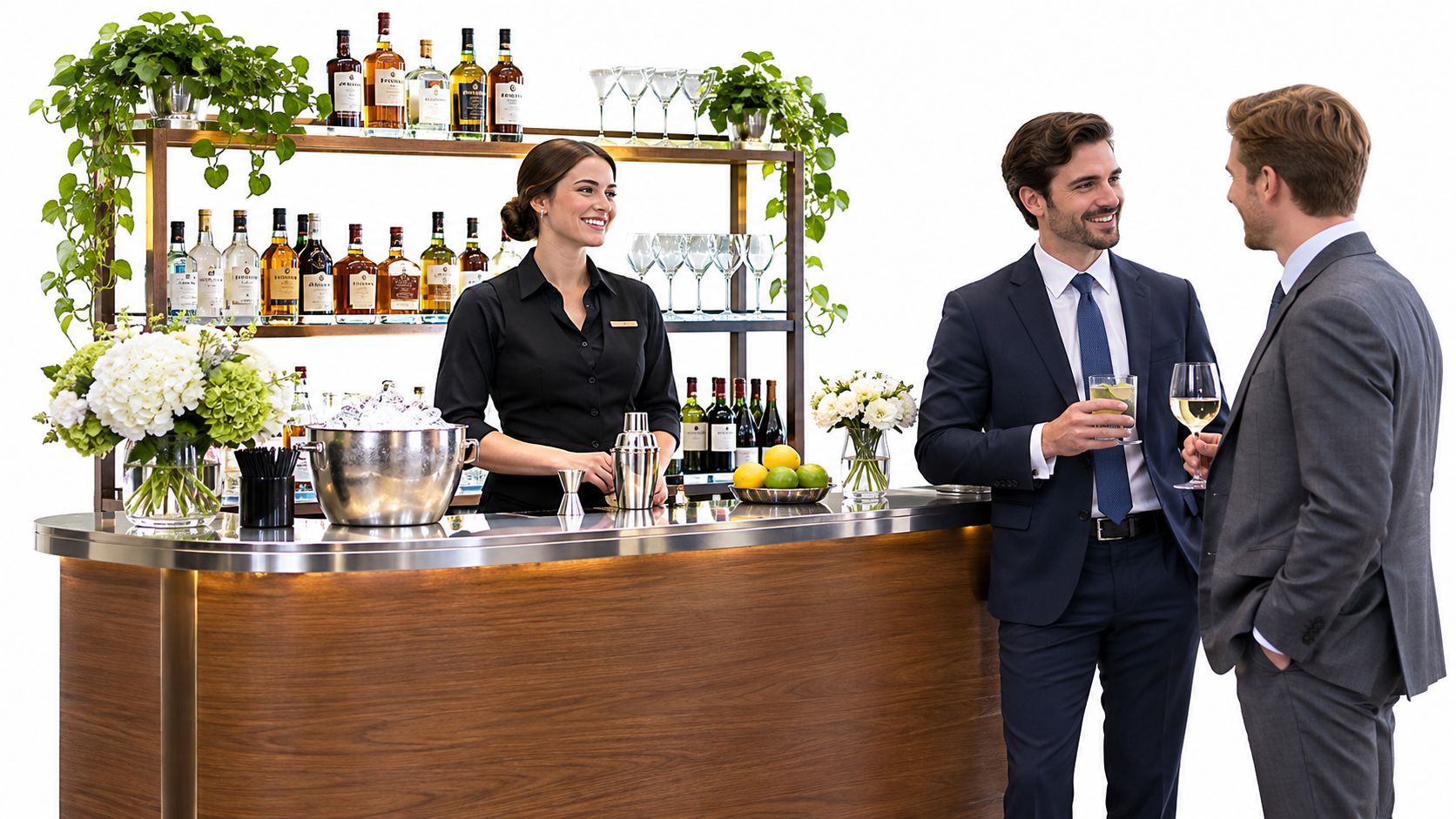 A woman bartender behind a venue-style bar with two male corporate guests holding drinks.