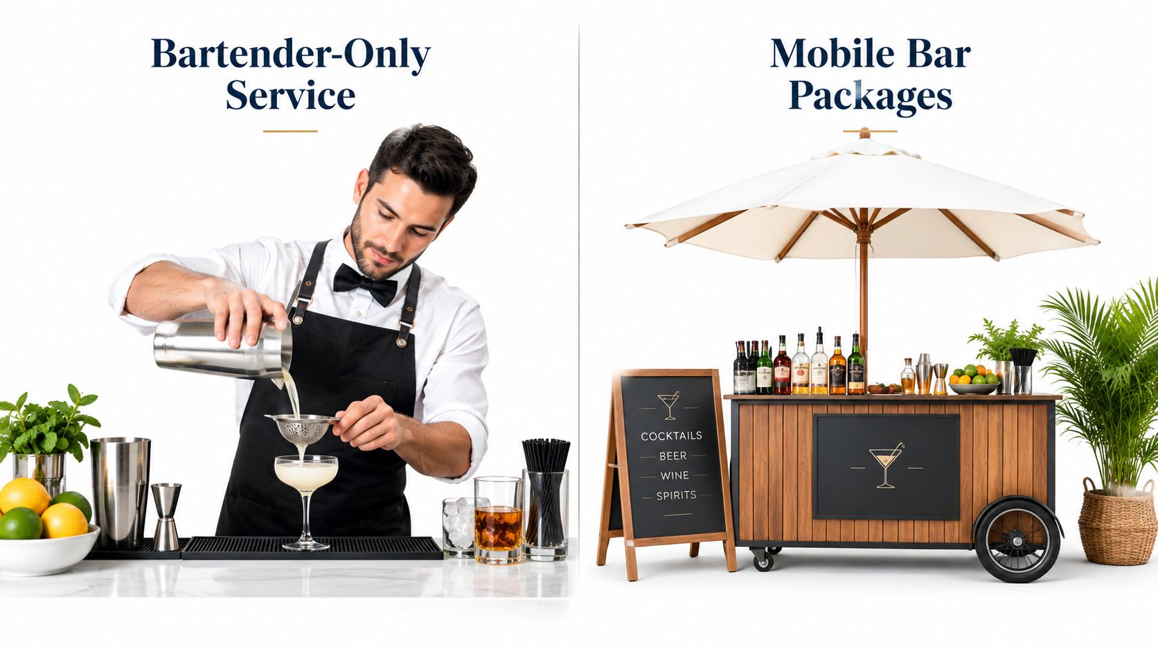Illustrative comparison of a bartender working at an existing counter and a mobile bar setup.
