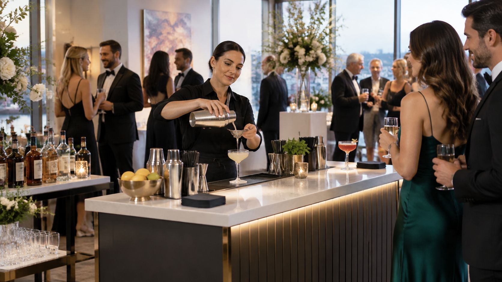 A professional bartender pouring a cocktail at a sophisticated event bar rental for a party.