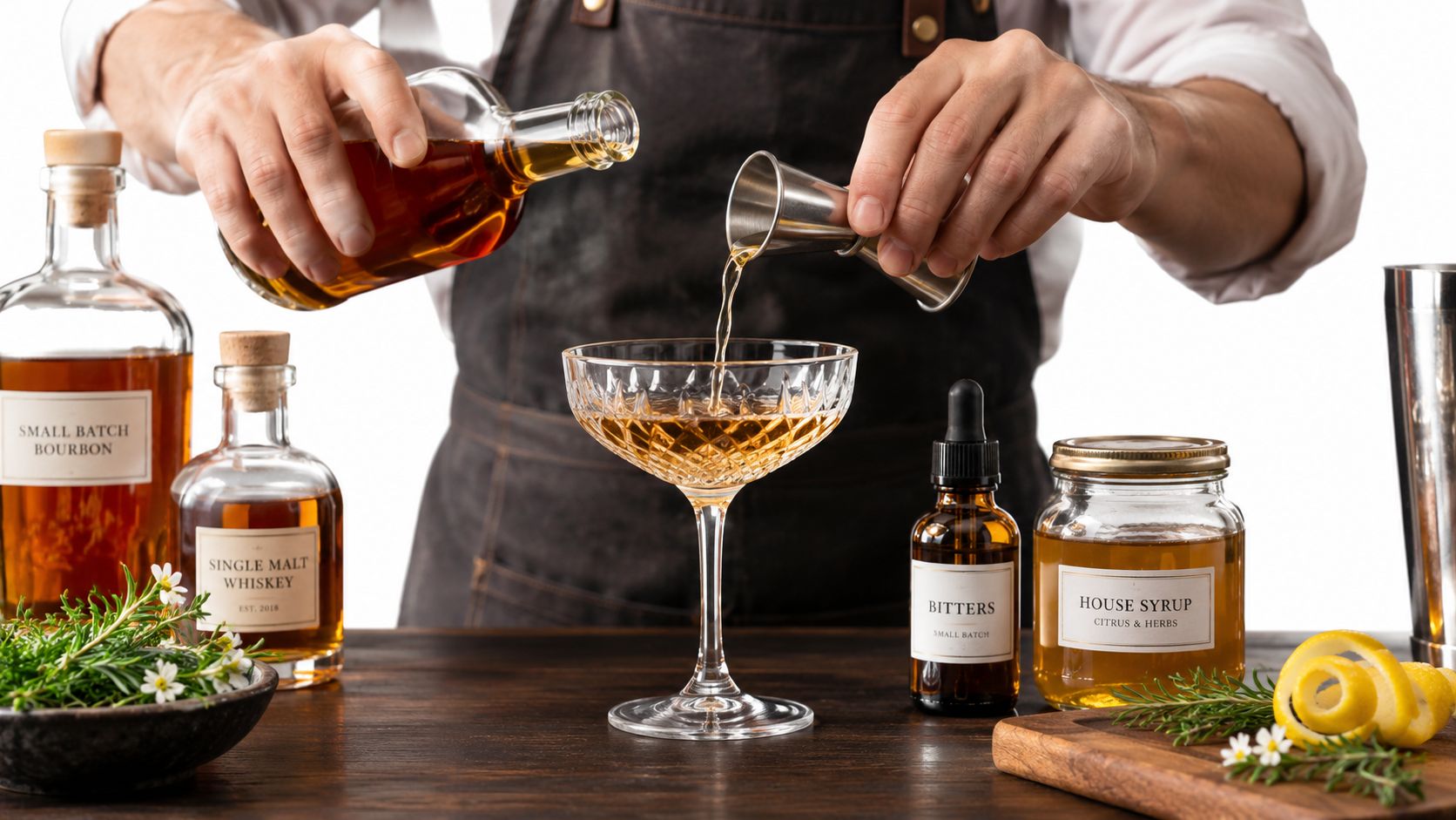 A professional bartender pouring whiskey from a jigger into a decorative coupe glass on a wooden bar.
