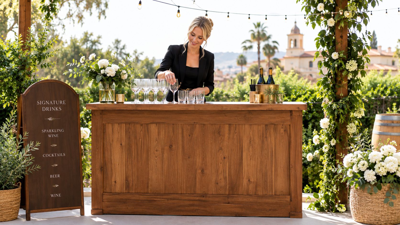 A smiling woman in a black blazer preparing glassware behind a rustic wooden mobile bar outdoors.