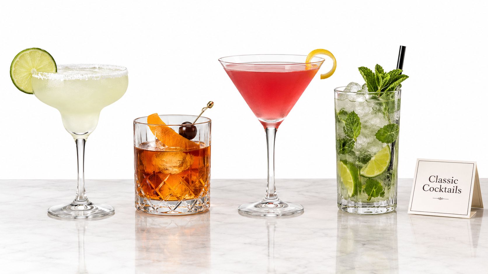 Four classic cocktails arranged on a marble table.