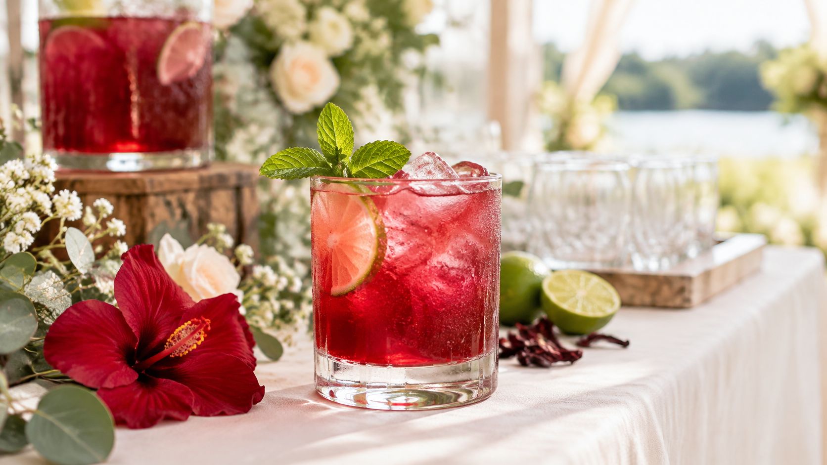 A red hibiscus drink garnished with lime and fresh mint on a wedding table.
