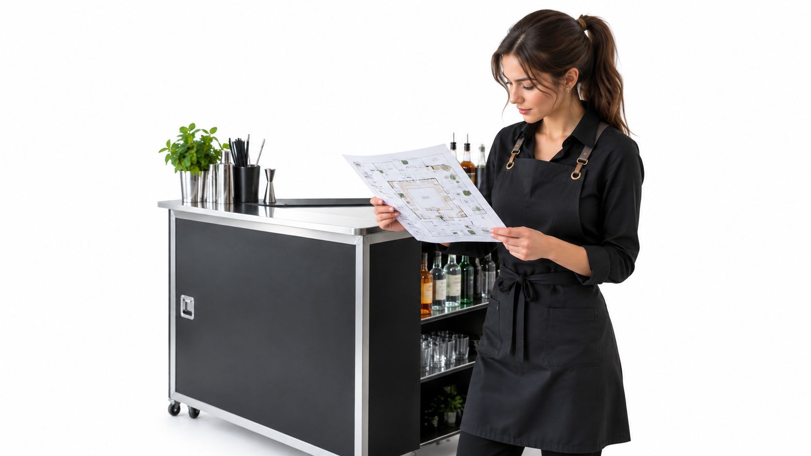 A professional bartender in a black uniform reviews a floor plan layout next to a mobile bar