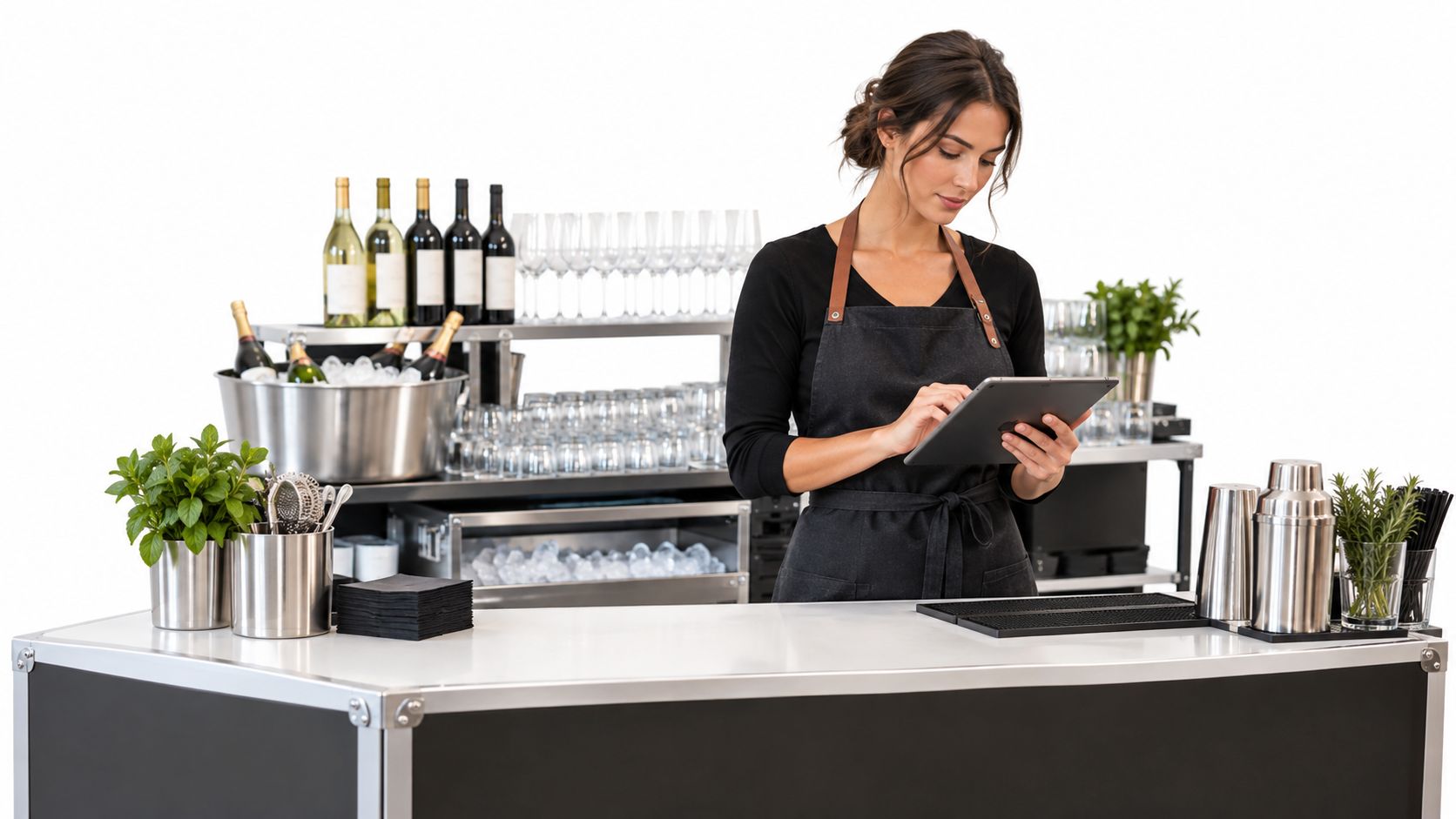 Woman reviewing a tablet at an illustrative portable bar setup.