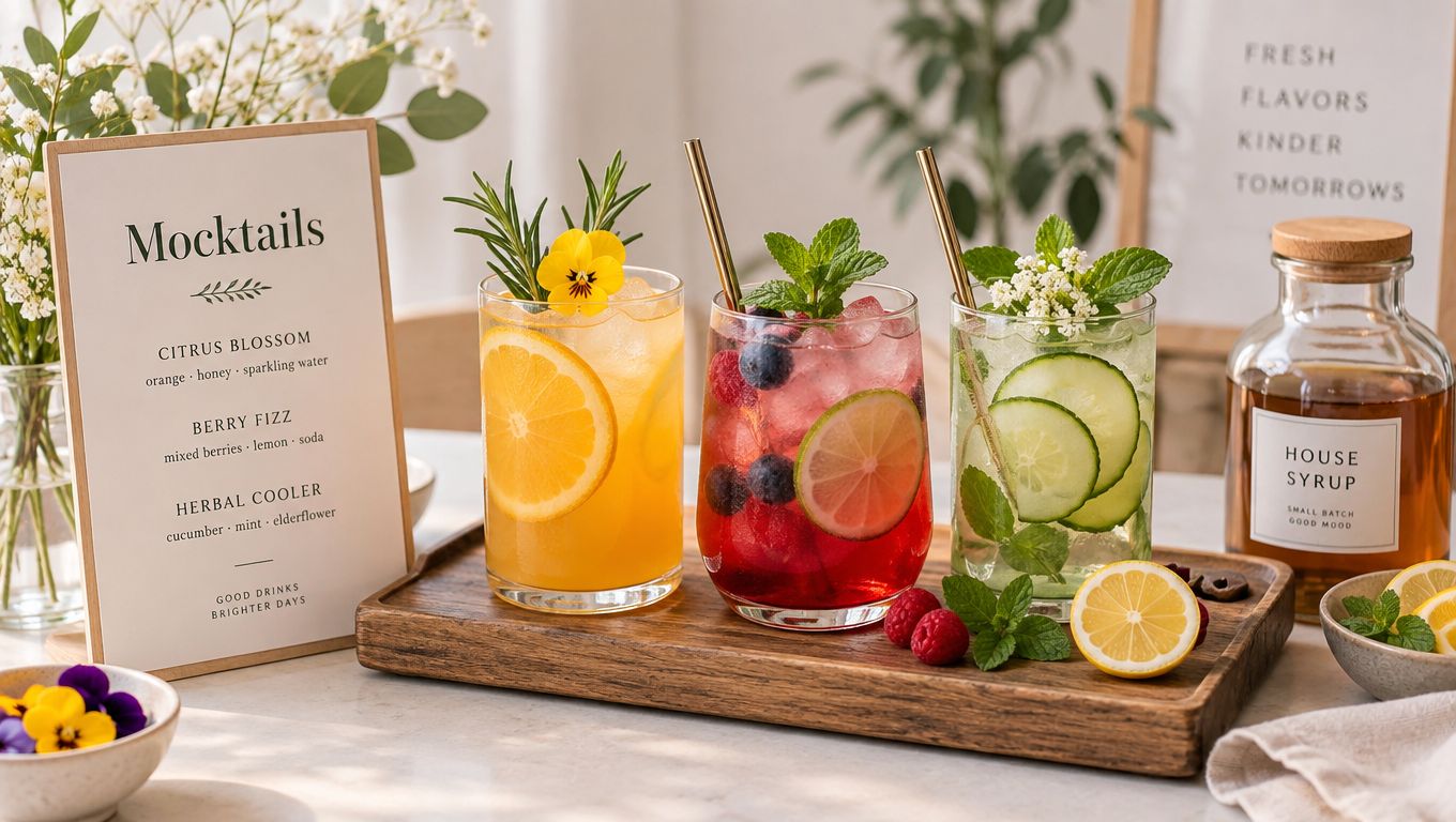 Illustrative citrus, berry and cucumber mocktails on a wooden tray