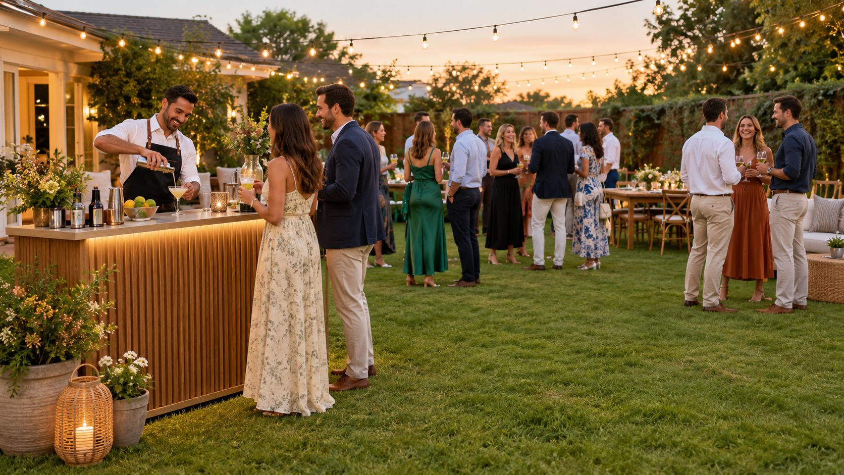 Bartender serving a cocktail at an outdoor garden celebration.