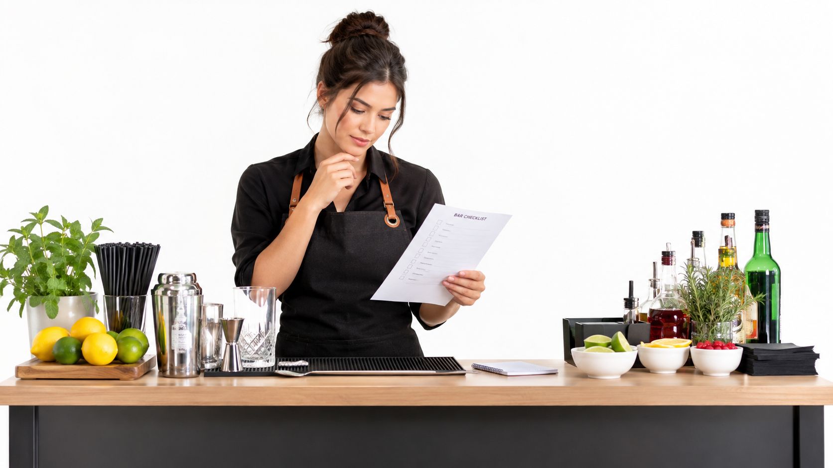 Illustration of a bartender reviewing a supplies checklist at a wooden bar.