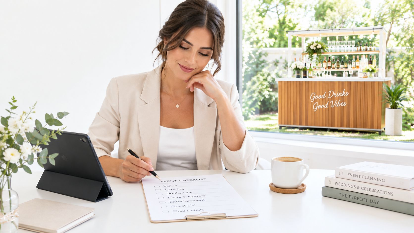 A woman event planner reviewing a checklist while preparing event details.