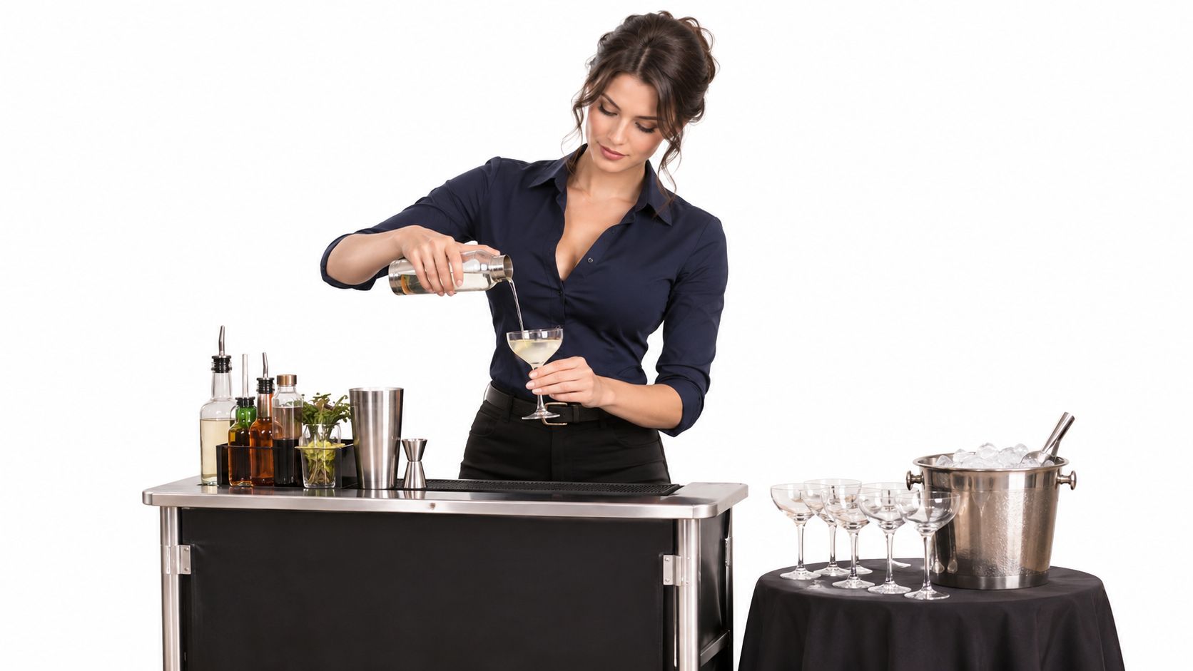 Woman bartender pouring a cocktail at a portable bar