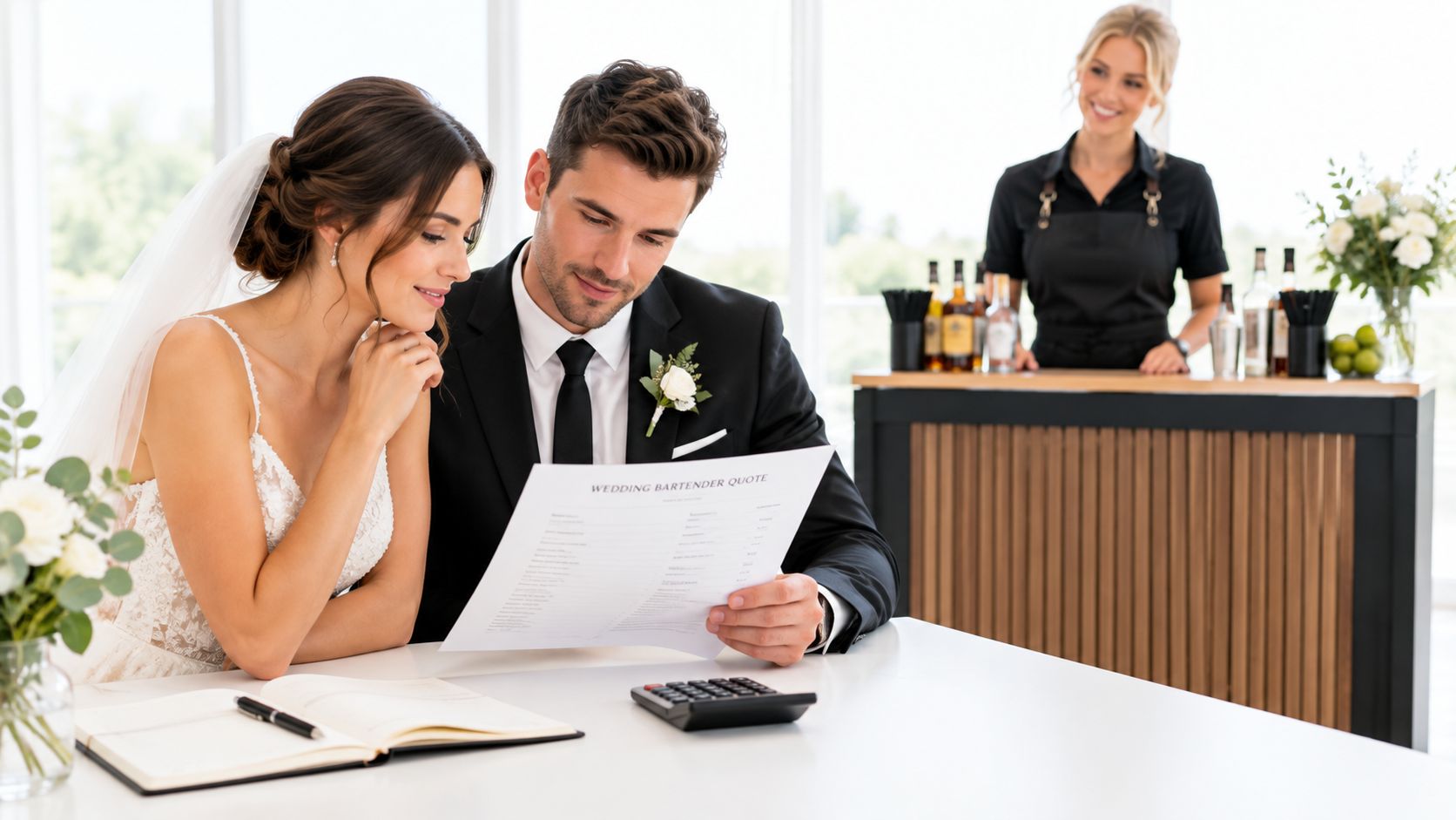 A bride and groom reviewing a wedding bartender quote at a table with a professional bartender behind.