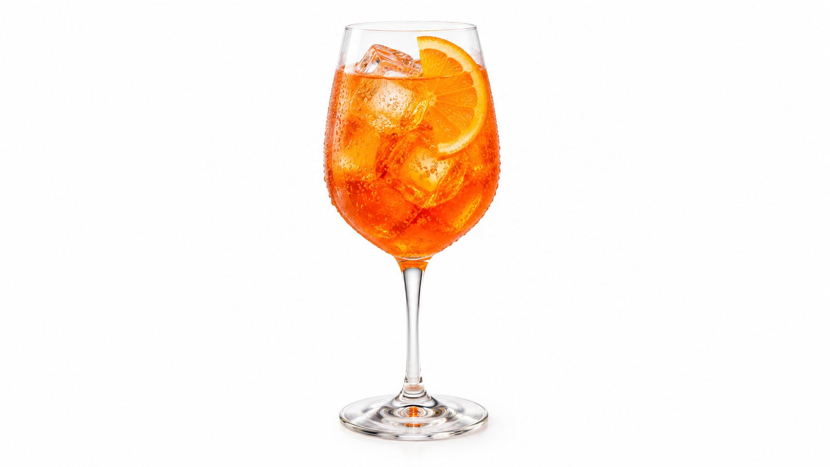 A refreshing Aperol Spritz cocktail served in a wine glass with ice cubes and an orange slice.