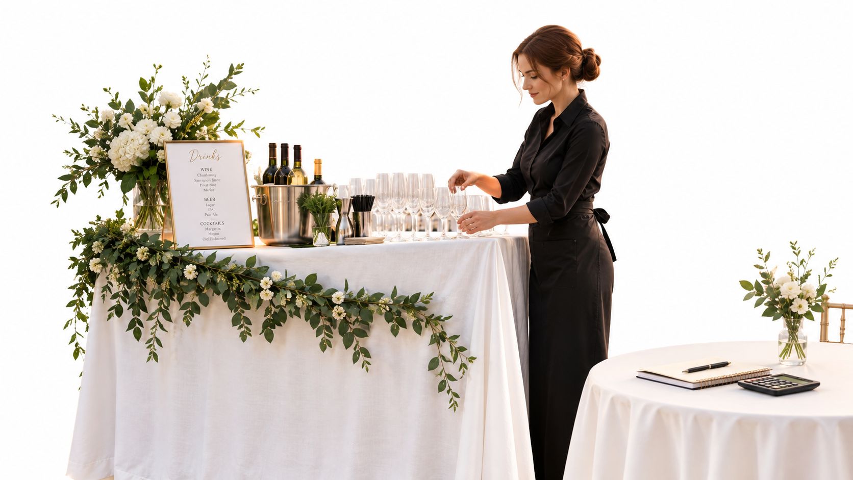 A woman bartender arranges stemware at a white-draped event bar beside a planning notebook.
