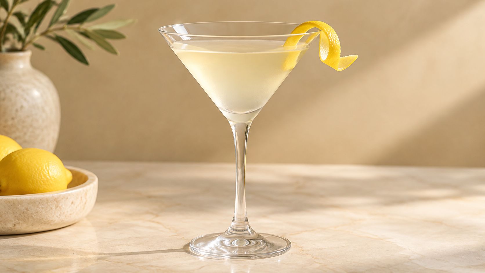 A pale cocktail in a Martini glass with a curled lemon peel.