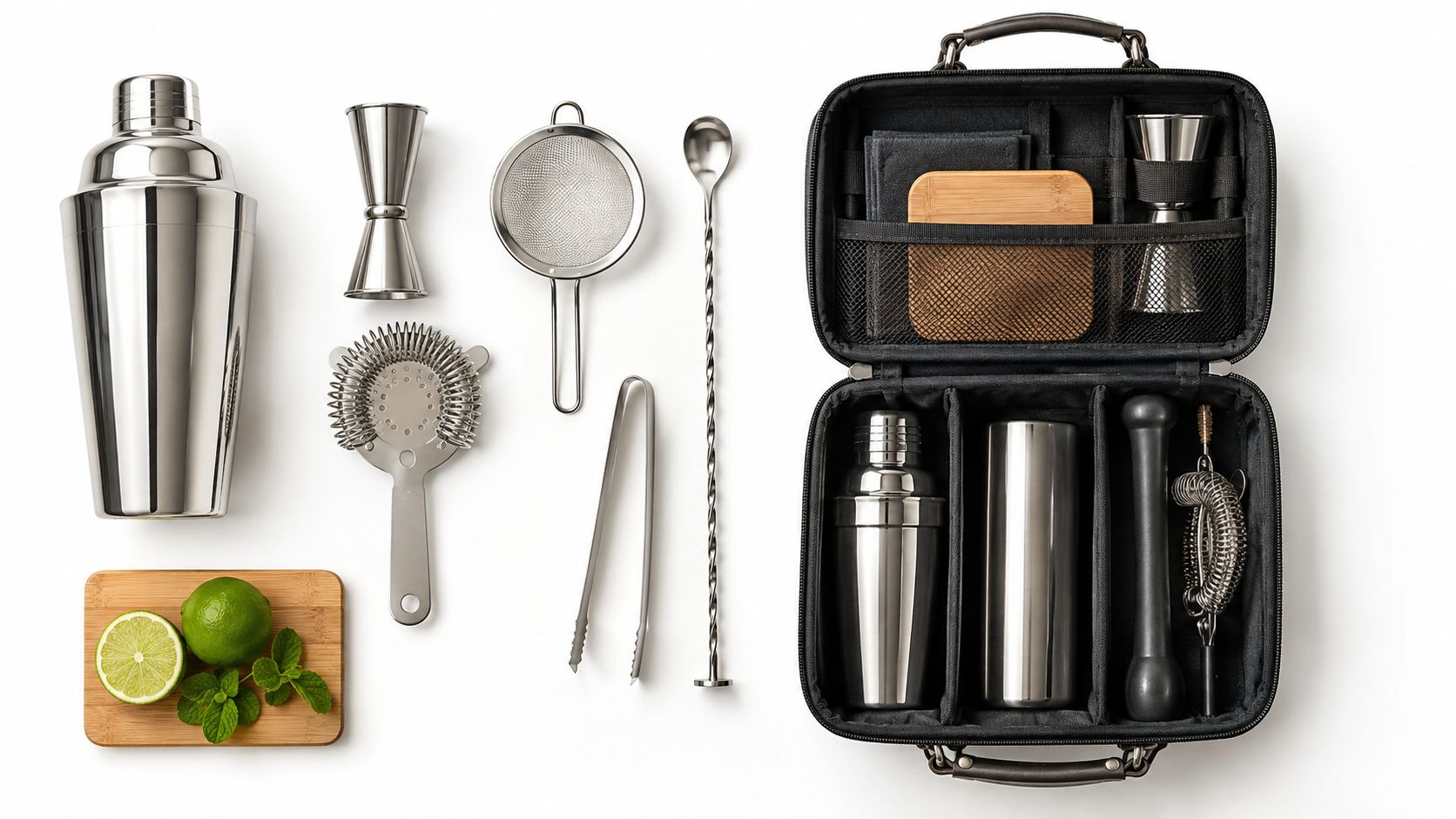 Illustration of a portable bartender tool kit with a shaker, jigger, strainers, spoon and cutting board.