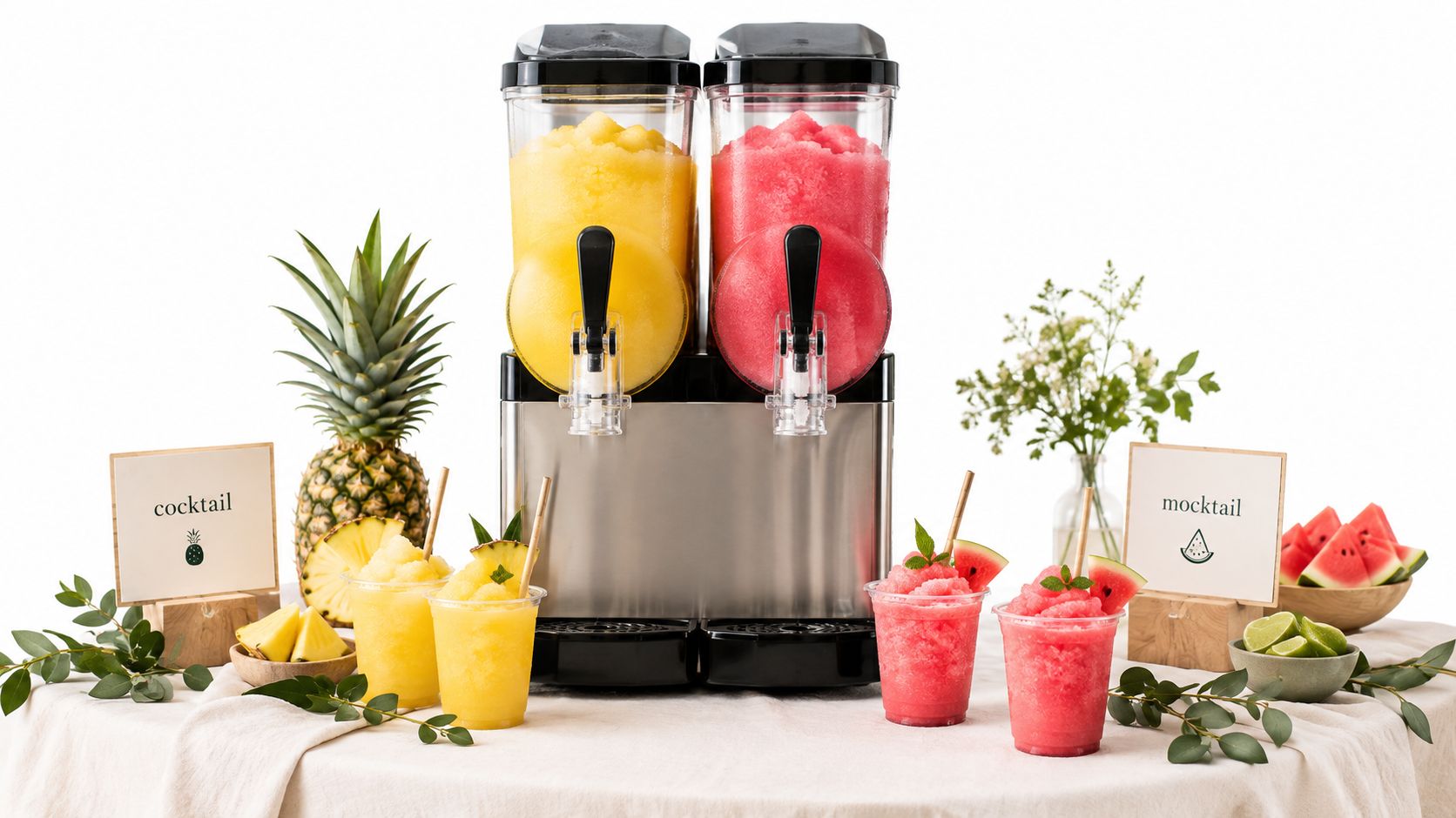 An illustrative display of yellow and pink frozen drinks in a dual-bowl slushie machine.