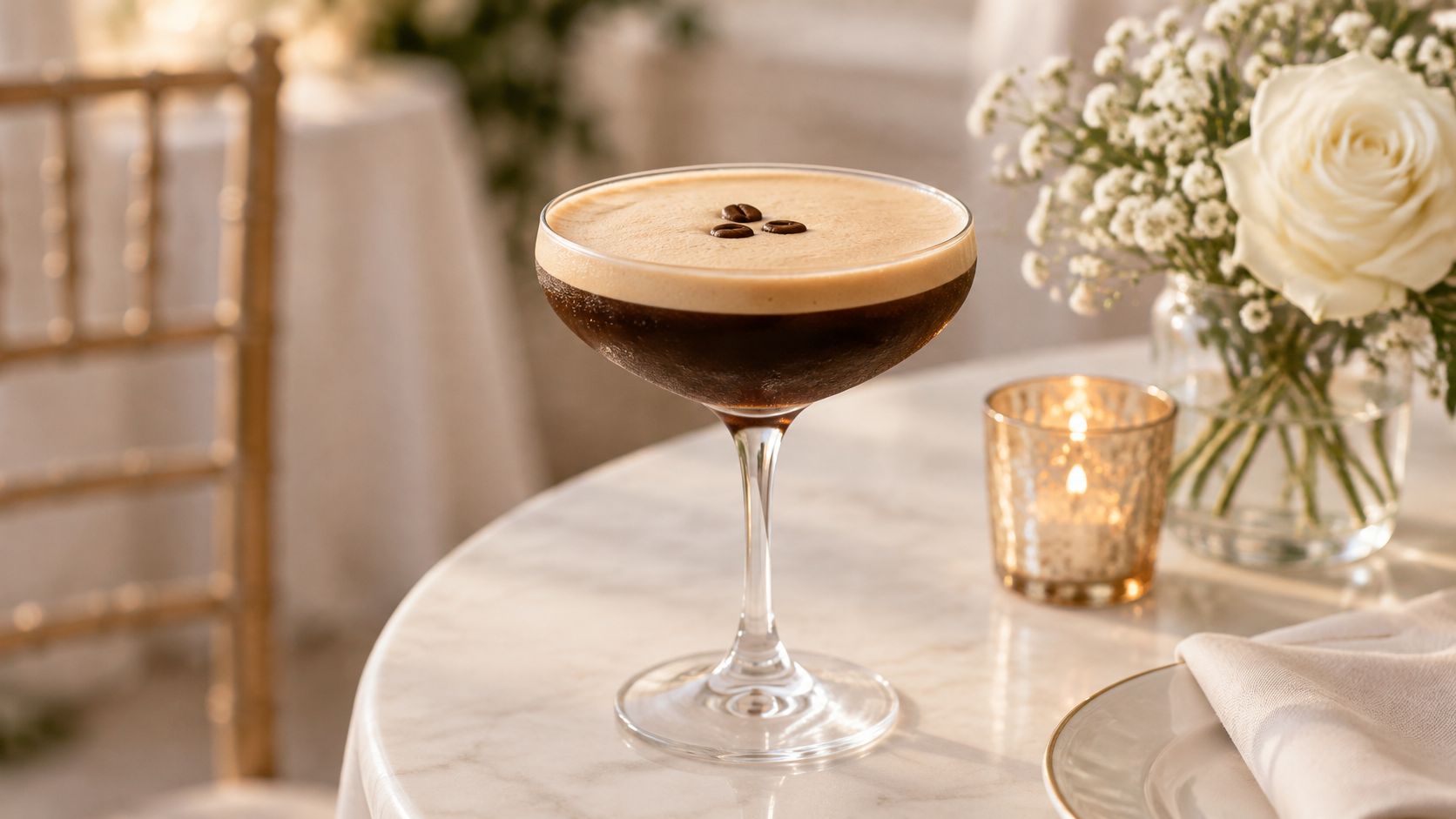 An espresso martini garnished with coffee beans on a marble wedding table.
