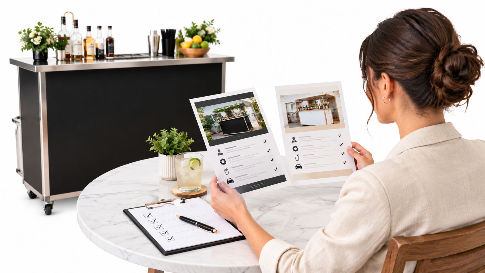 A woman reviewing mobile bar service options with event planning checklists at a marble table.