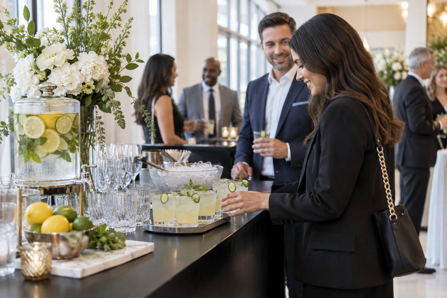 Corporate guests enjoying a citrus-infused refreshment station at an elegant event.