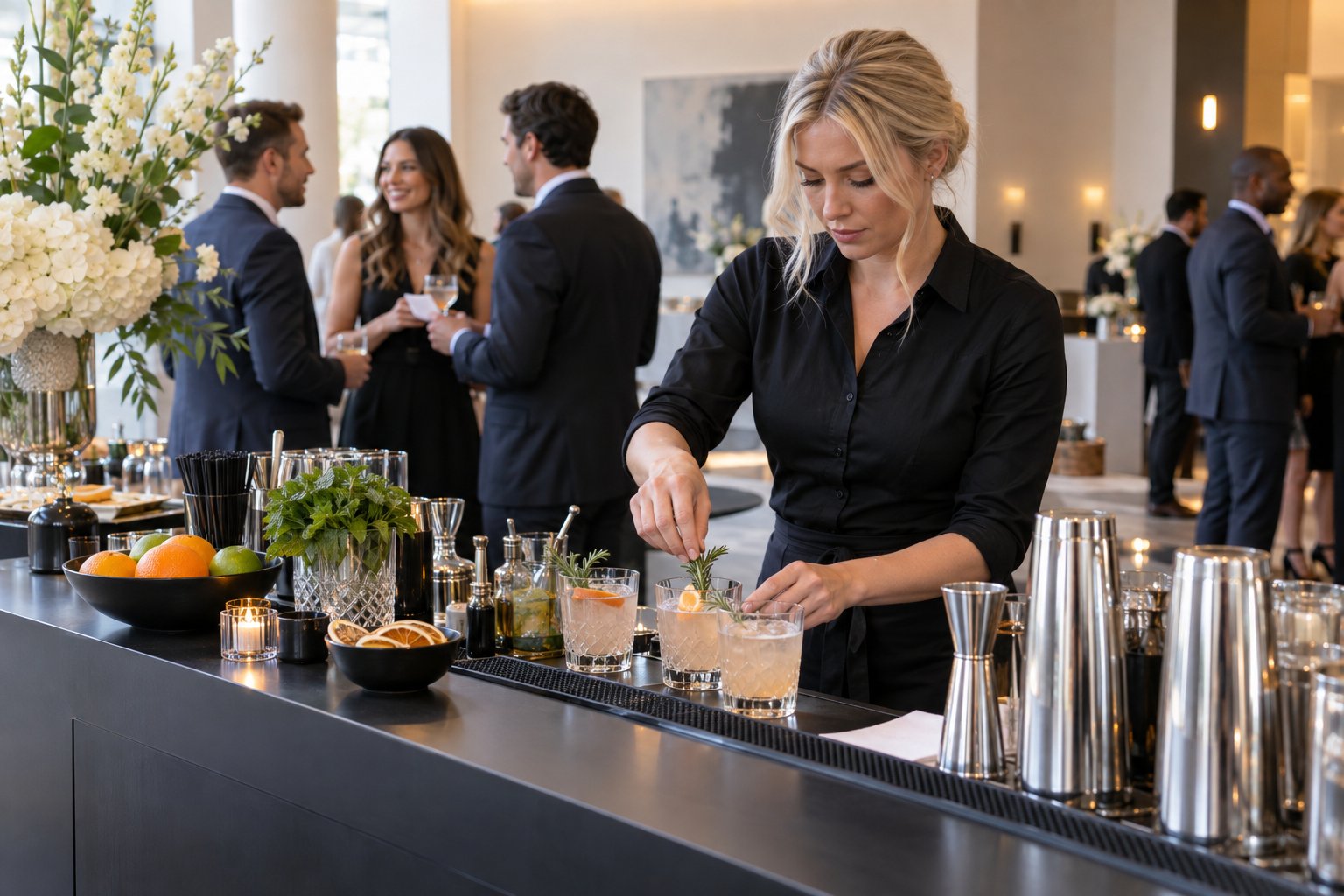 A blonde professional bartender garnishing cocktails at an elegant corporate event.