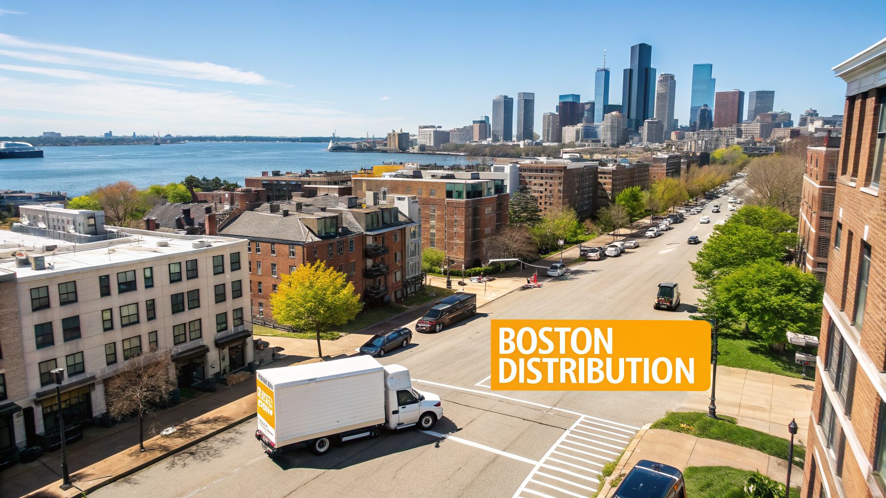 Aerial view of Boston's waterfront skyline with a white distribution truck on a sunny day.
