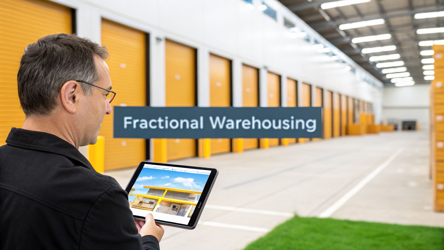 Man viewing a building on a tablet, standing in a modern fractional warehousing facility.