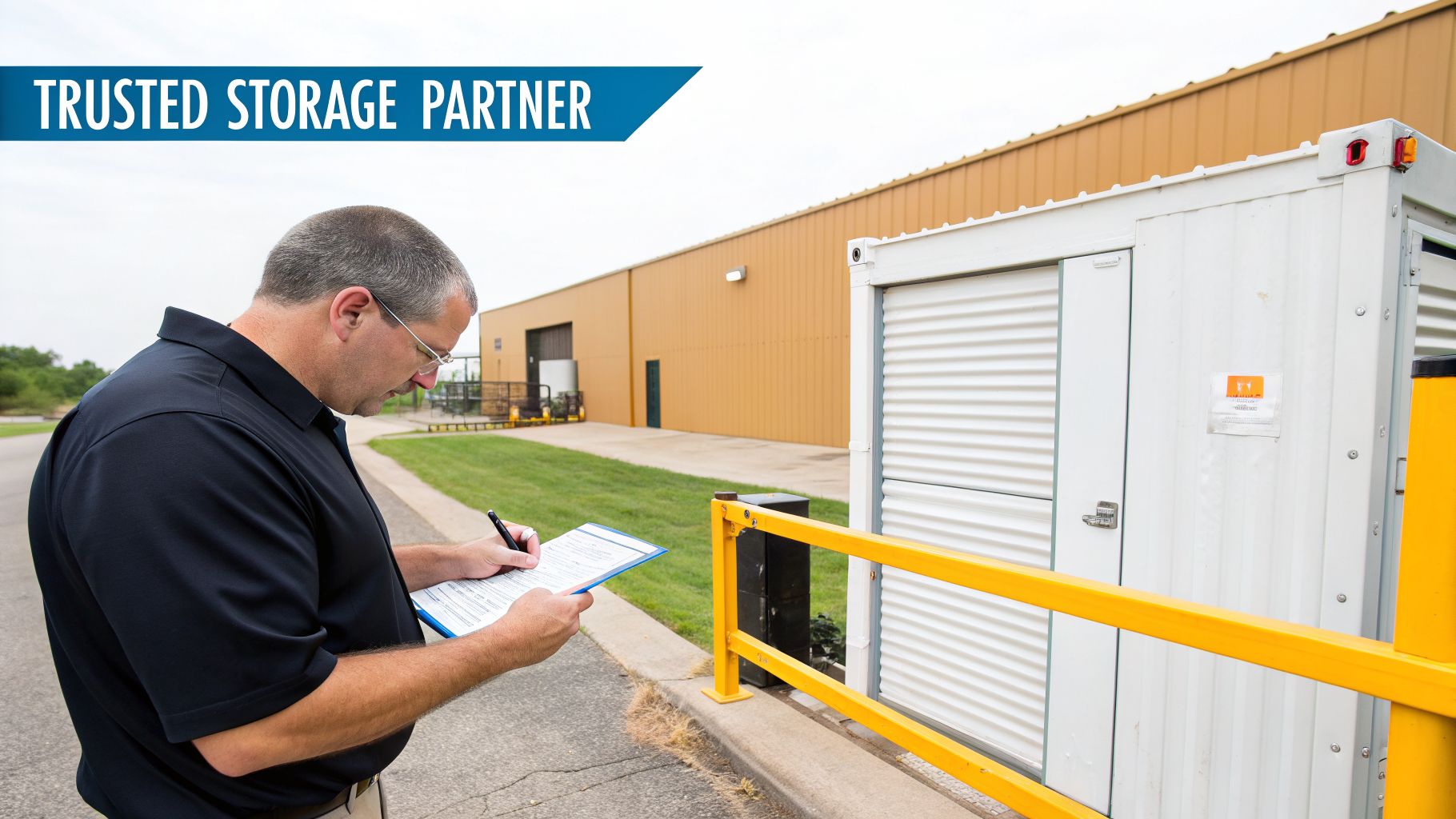 Man writing on a clipboard next to a white storage unit at a facility.