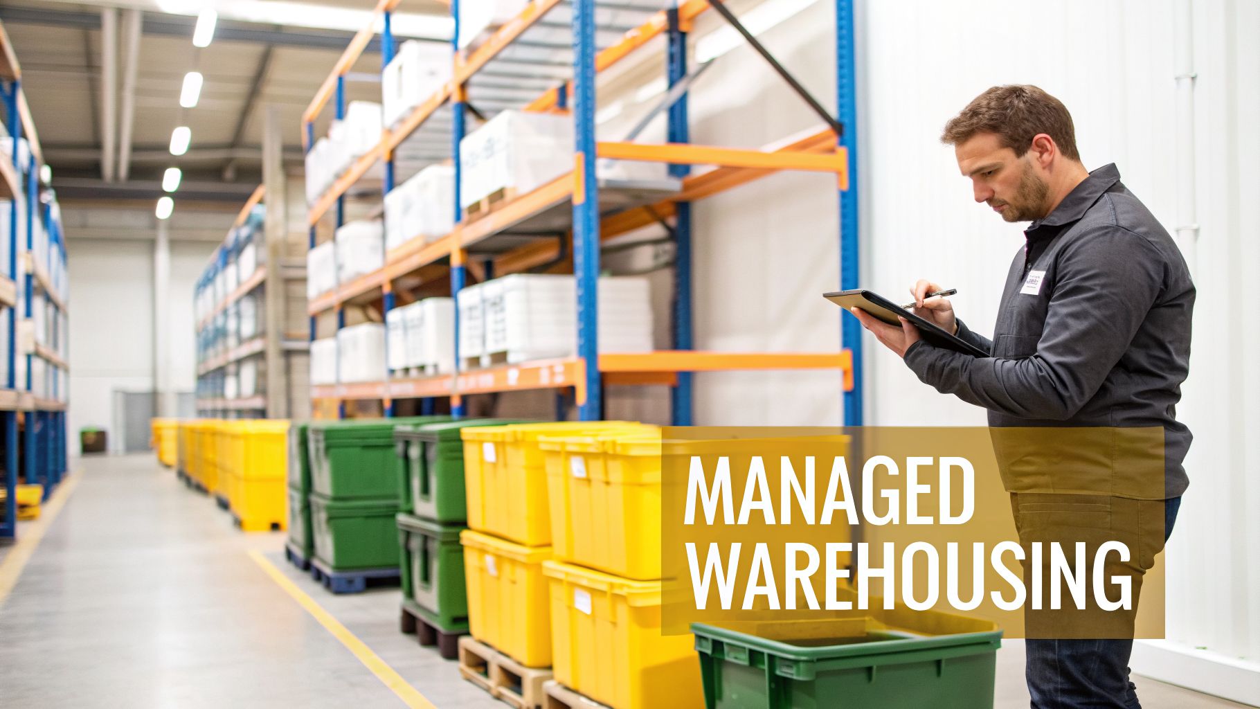 A man in a warehouse uses a tablet and pen to manage inventory amidst shelves and storage bins.
