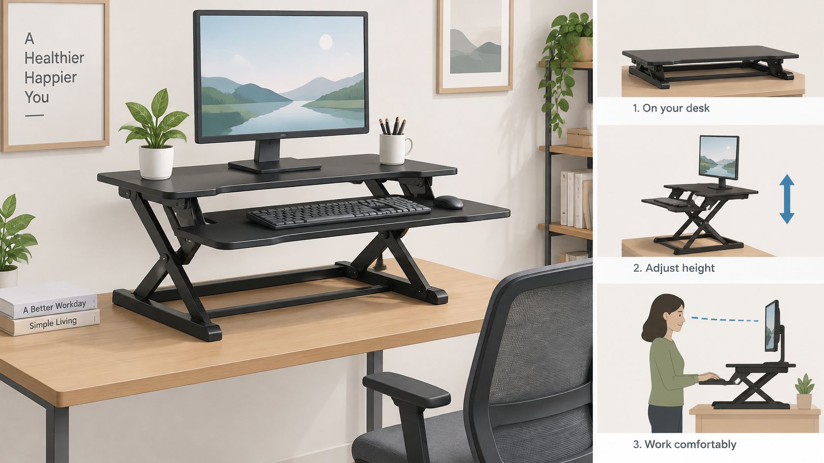 Ein verstellbarer Schreibtischaufsatz steht auf einem Holztisch mit Monitor, Tastatur und einer arbeitenden Person im Hintergrund.
