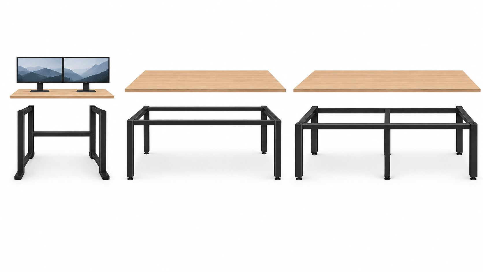 Drei Ansichten von modernen schwarzen Tischgestellen aus Stahl mit dazu passenden hölzernen Schreibtischplatten für den Bürogebrauch.