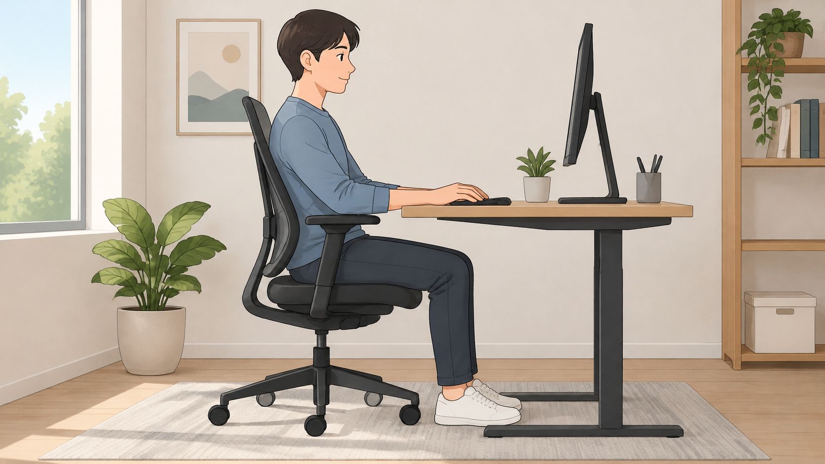 Ein junger Mann sitzt in einem ergonomischen Bürostuhl an einem modernen höhenverstellbaren Schreibtisch im Homeoffice.