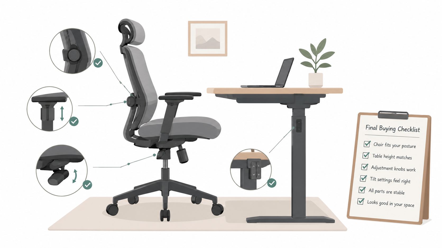Illustration eines ergonomischen Bürostuhls und eines höhenverstellbaren Schreibtisches mit einer Checkliste für den optimalen Kauf.
