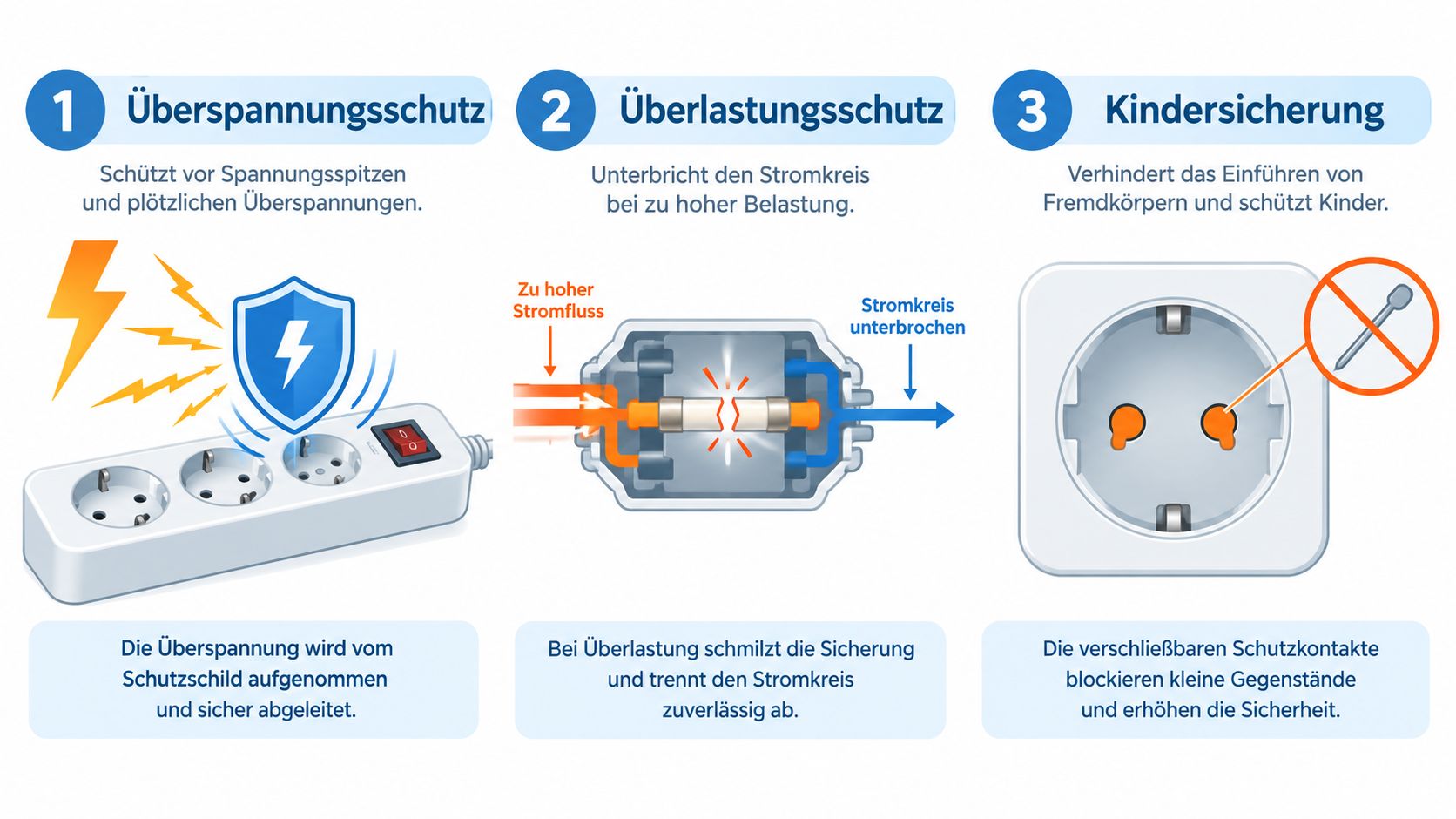 Eine Infografik erklärt die drei Sicherheitsfunktionen einer Steckdosenleiste: Überspannungsschutz, Überlastungsschutz und eine integrierte Kindersicherung für mehr Sicherheit.