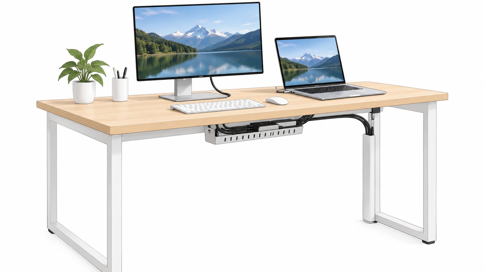 Ein moderner Schreibtisch mit ordentlichem Kabelmanagement, Monitor, Laptop und Schreibtischzubehör auf weißem, isoliertem Hintergrund.