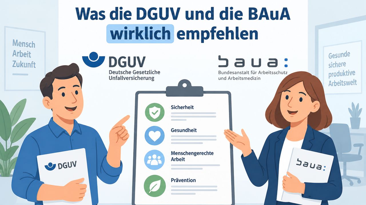 Zwei Personen präsentieren die Empfehlungen der DGUV und BAuA für Sicherheit, Gesundheit und menschengerechte Arbeit am Arbeitsplatz.