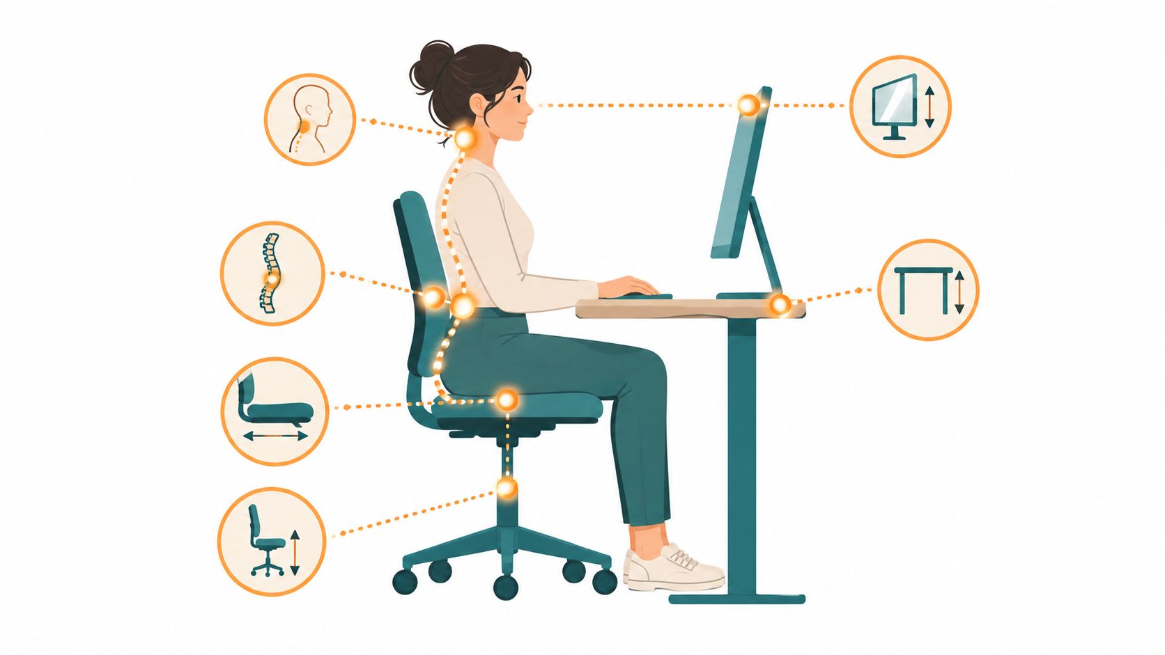 Eine Frau sitzt ergonomisch korrekt an einem höhenverstellbaren Schreibtisch auf einem Bürostuhl mit integrierter Unterstützung.