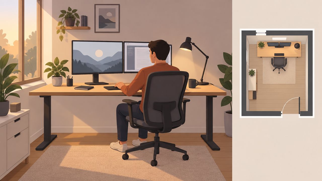 Ein Mann arbeitet an einem geräumigen, modernen Schreibtisch mit zwei Bildschirmen in einem gemütlichen, gut beleuchteten Büro.