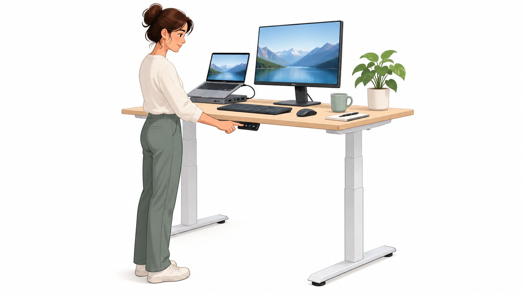 Eine Frau steht an einem modernen, elektrisch höhenverstellbaren Computertisch mit Laptop und Monitor in einem Büro.