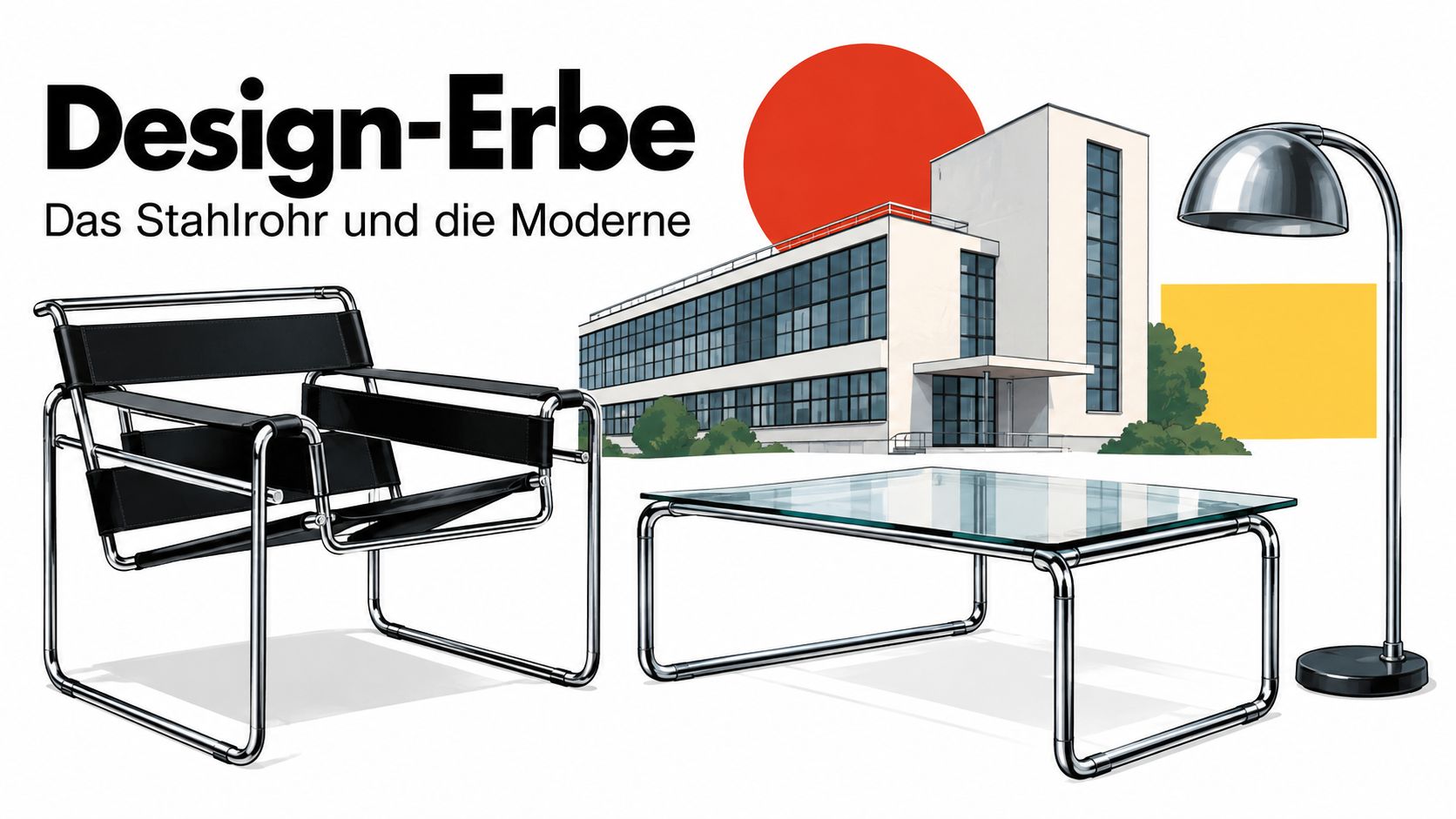 Illustration berühmter Bauhaus-Designklassiker wie dem Wassily-Stuhl und einem Glastisch vor dem historischen Bauhaus-Gebäude in Dessau.