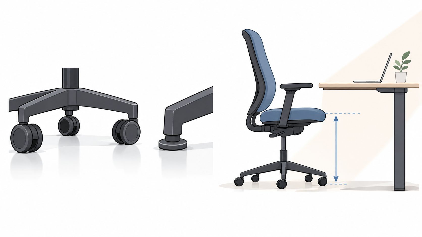 Illustration zeigt einen ergonomischen Bürostuhl mit verschiedenen Rollen- und Standfußoptionen zur optimalen Einstellung am Schreibtisch.
