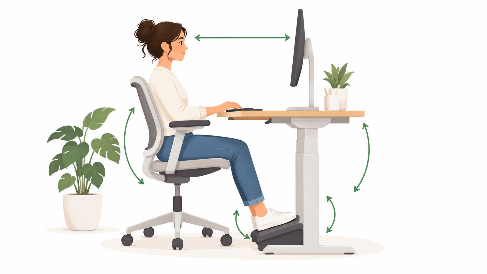 Eine Frau sitzt in korrekter ergonomischer Haltung an einem höhenverstellbaren Schreibtisch mit Fußstütze für optimalen Komfort.