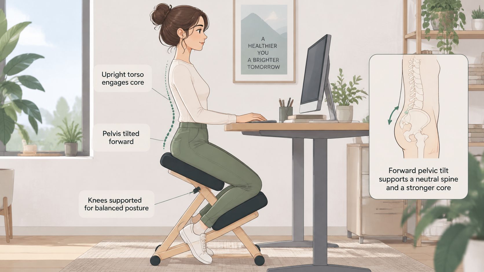 Eine Frau sitzt auf einem ergonomischen Kniestuhl an einem Schreibtisch und zeigt die richtige aufrechte Haltung.