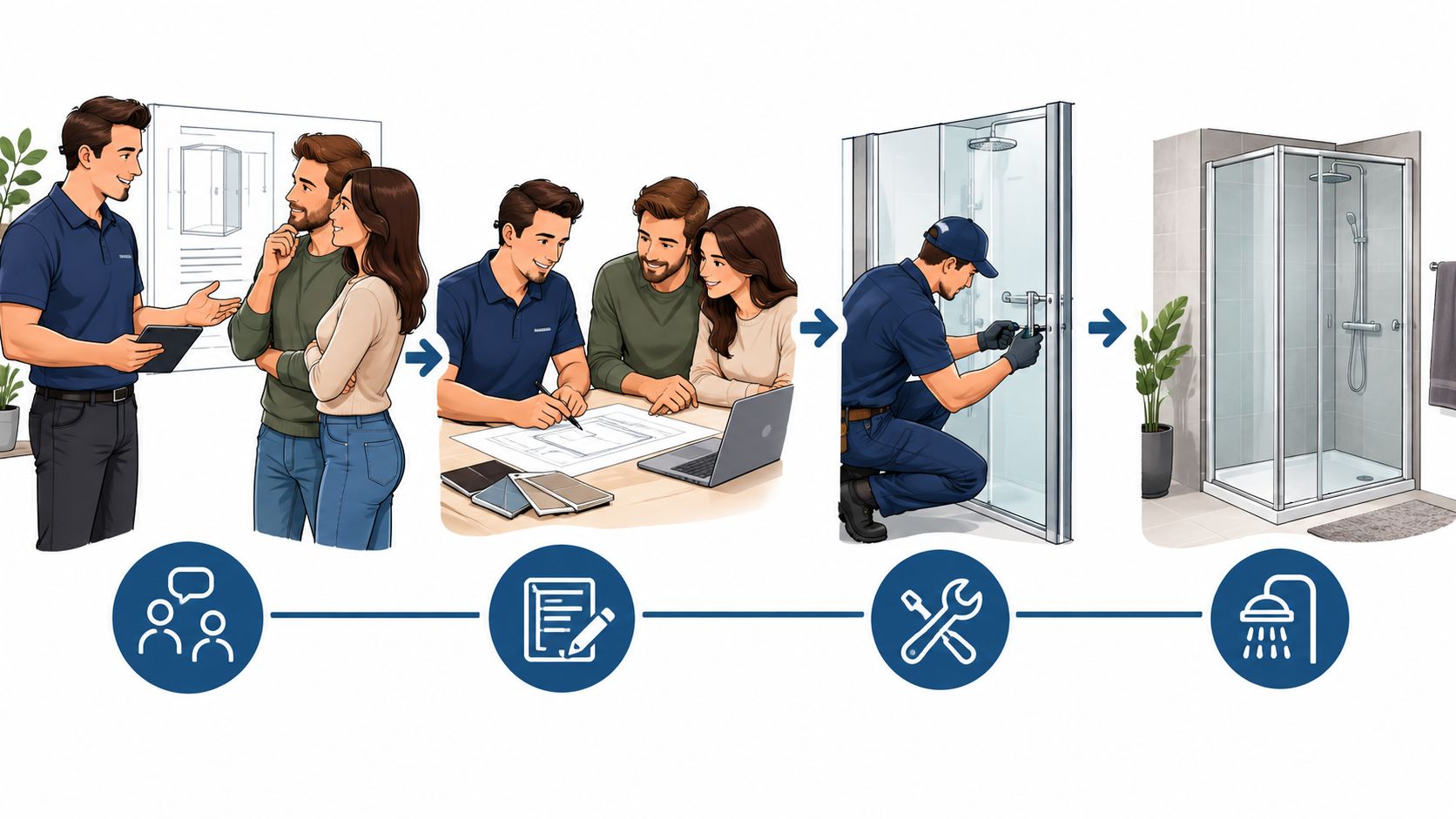 Illustration des Prozesses einer fachmännischen Duschkabinenmontage von der Beratung bis zur fertigen Installation im Badezimmer.