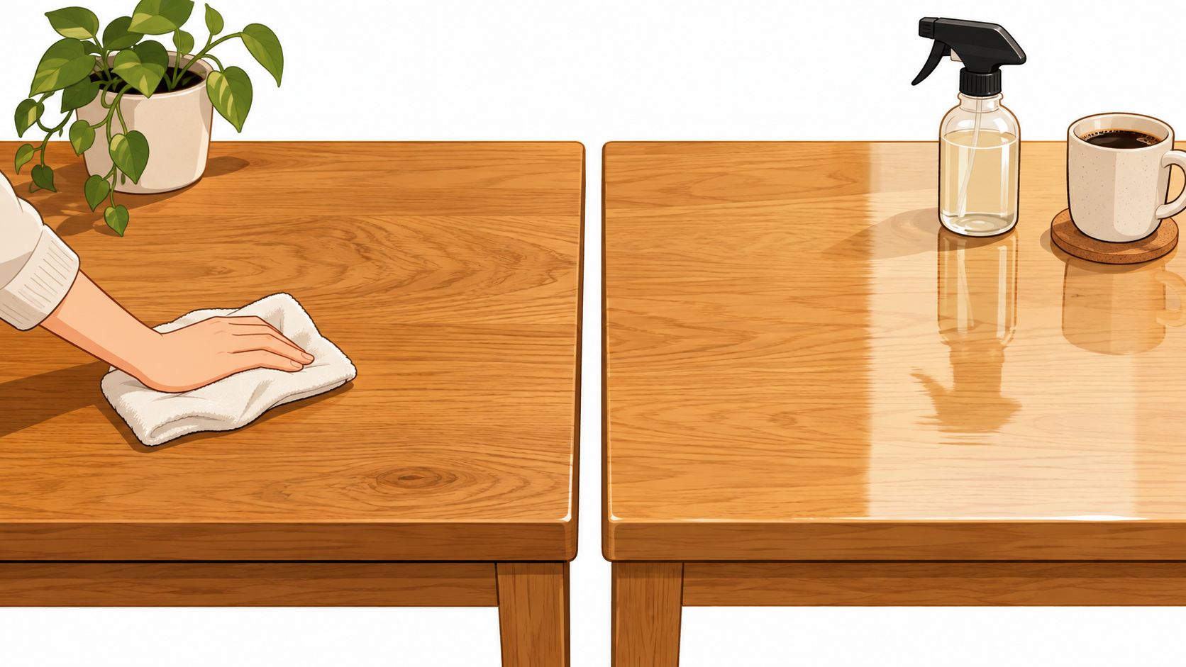 Eine Hand reinigt einen Eichenholzschreibtisch mit einem Tuch neben einer Pflanze und einer Kaffeetasse mit Sprühflasche.
