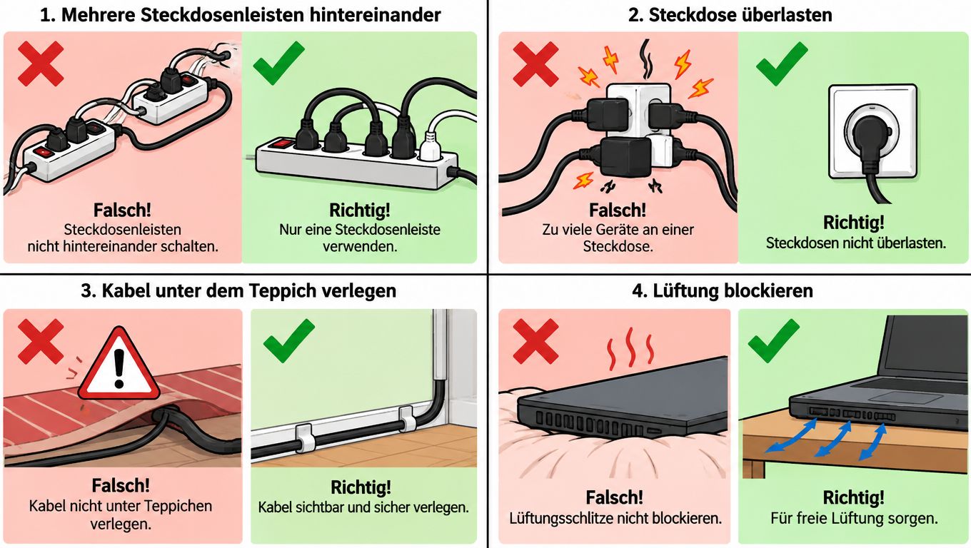 Eine Übersichtsgrafik mit vier Sicherheitstipps zum richtigen Umgang mit Steckdosenleisten, Kabeln und elektrischen Geräten zur Vermeidung von Brandgefahren.