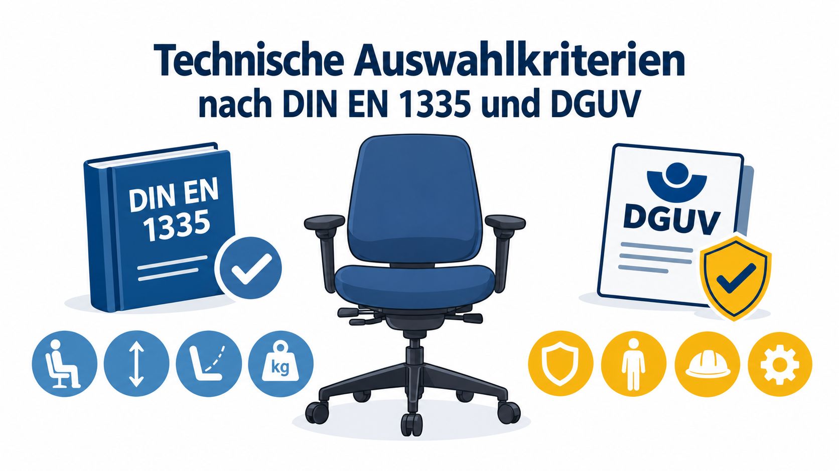 Illustration von Bürostuhl-Auswahlkriterien basierend auf DIN EN 1335 und DGUV-Richtlinien für ergonomisches Arbeiten im Büro.
