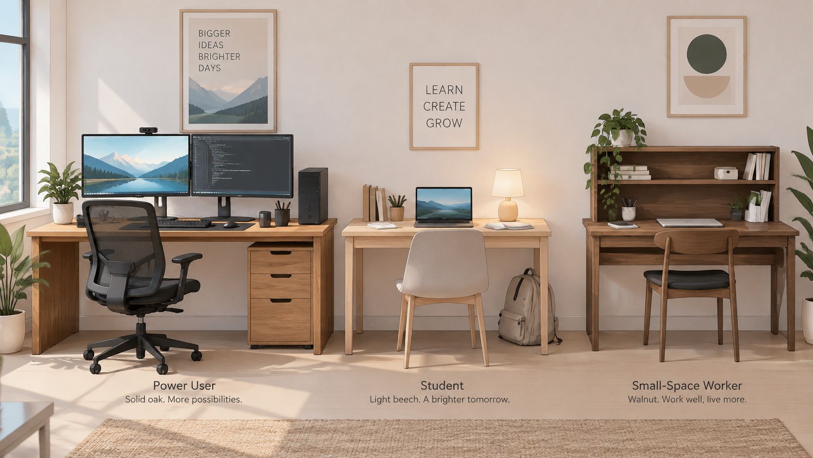 Drei verschiedene Schreibtische aus Holz für Power-User, Studenten und kleine Wohnräume in einem modernen, hellen Büro.