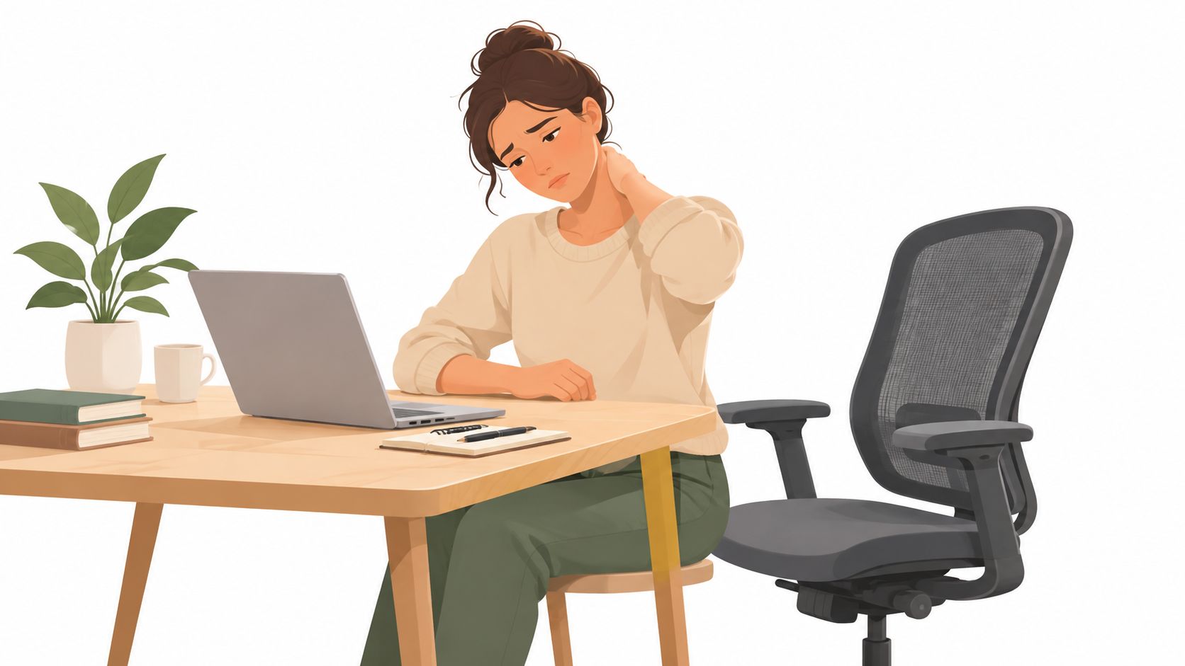 Eine Frau arbeitet am Laptop an einem Schreibtisch und leidet unter Nackenschmerzen durch eine falsche Sitzhaltung.